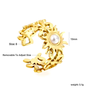 Detail showing the sunflower ring 13mm diameter with white pearl and adjustable band