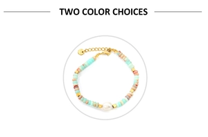 Detail of beaded bracelet featuring blue and orange stones with a central large pearl
