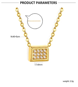 Detailed specs of gold rectangle pendant necklace with cubic zirconia inlay and cable chain