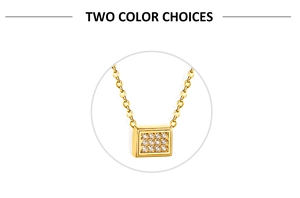 Detailed macro view of an 18K gold-plated rectangle pendant necklace set with zircons