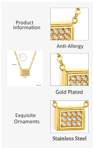 Close-up of gold-plated rectangle pendant featuring micropavé cubic zirconia settings
