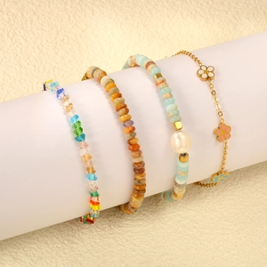 Stainless Steel Bracelet Gold Plated Natural Stone Faux Artificial Pearl Enamel Flower Boho Elegant Jewelry Gift For Women