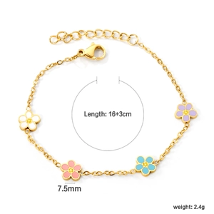 Gold-plated stainless steel bracelet with colorful enamel flower charms and 16+3cm chain