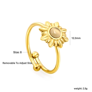 Detail of adjustable gold sunflower ring with opal gemstone and precise dimensions