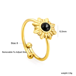 Detail view of golden sunflower ring with black bead and size measurements shown