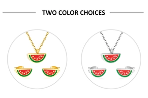 Watermelon jewelry set with red enamel slices in gold and silver finish options