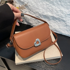 Women Small Square Bag PU Leather Heart Shaped Silver Buckle Retro Shoulder Crossbody Handbag Vintage Style Fashion
