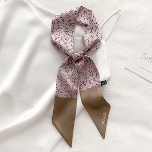 Elegant Satin Skinny Scarf For Women Floral Equestrian Print Narrow Neck Tie Multi-Functional Hair Band Handbag Handle Ribbons Wrap Scarf