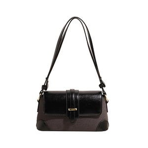 French vintage shoulder bag with dark grey fabric and black leather contrast trim