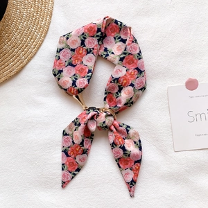 Floral navy blue silk scarf with gold ring buckle for hair, neck or bag styling