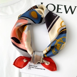 Fashionable silk square scarf with floral print and geometric patterns on white background