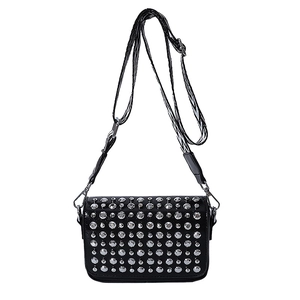 Minimalist black PU leather crossbody bag featuring rows of sparkling silver rhinestones