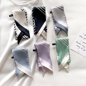 Detailed flat lay of six geometric striped silk scarves in various chic colors with labels