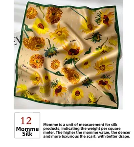Détail d'un carré de soie 12 momme avec imprimé artistique tournesol de Van Gogh