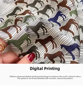 Detailed view of horse print silk scarf featuring vibrant digital printing texture