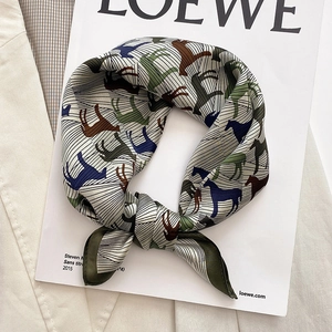 Women Mulberry Satin Square Scarf Elegant Horse Print Small Neck Kerchief Vintage French Style Hair Band