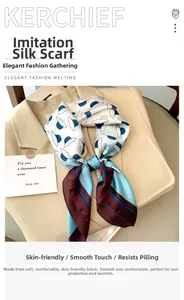 Detail of silk-like floral square scarf with hat print styled on a beige blazer