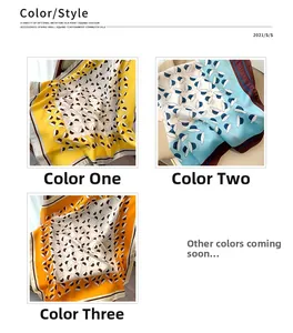 Detail showing vintage hat print patterns on yellow, blue, and orange square silk scarves