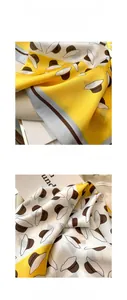 Detail of hand-rolled edges and digital print on yellow square floral silk scarf