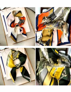 Detailed view of silk square scarf featuring vintage equestrian horse prints and vivid colors
