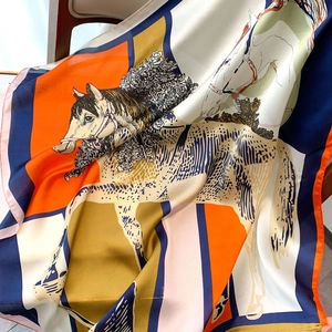 Satin silk square scarf with horse and flower print in vibrant orange and navy blue