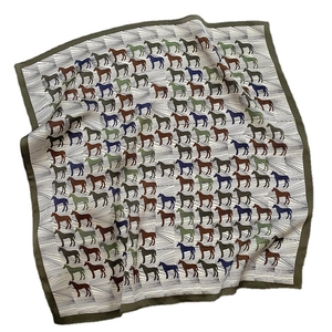 Mulberry silk square scarf with colorful pony print and olive green border trim