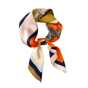 70x70cm square silk scarf with vibrant geometric color blocks and animal print