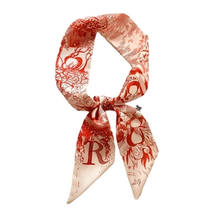 Foulard en soie style français avec imprimé Toile de Jouy rouge et lettre R