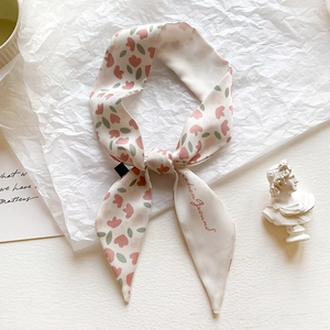 Floral tie-dye narrow silk scarf for women featuring pink hearts and green leaf patterns
