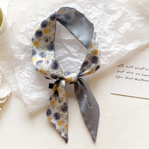 Artistic tie-dye faux silk skinny scarf with vintage blue rose and yellow floral pattern