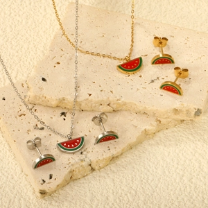 Watermelon Pendant Necklace And Stud Earrings Stainless Steel Enamel Fruit Summer Theme Sweet Style For Women