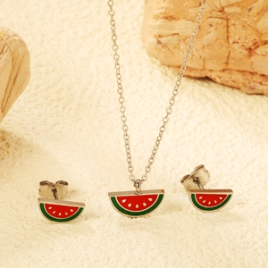 Cute watermelon jewelry set with enamel pendant necklace and matching stud earrings