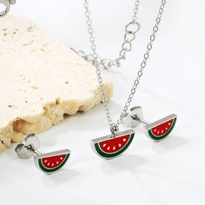Cute watermelon jewelry set with enamel pendant necklace and matching stud earrings