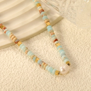 Bohemian Edelstahl Halskette Gold Vergoldet Mit Bunten Steinperlen Und Großer Weißer Perle Für Damen Elegante Choker Kette