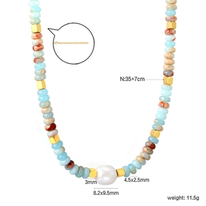 Halskette aus Edelstahl mit blauen Perlen und Tropfenperle, Länge 35+7 cm verstellbar