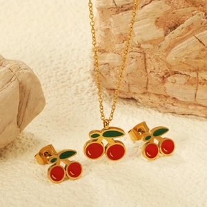 Collier Cerise Et Boucles Oreilles Clous Acier Inoxydable Émail Rouge Vert Forme Fruit Bijoux Mode Pour Femmes Filles