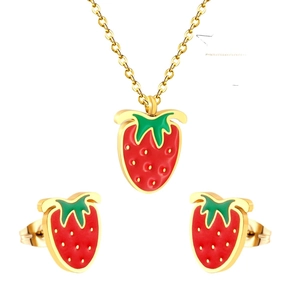 Golden strawberry jewelry set with red enamel pendant necklace and matching stud earrings