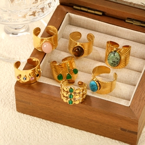 Bagues Ouvertes Bohémiennes Vintage Plaqué Or 18K Acier Inoxydable Ajustable Turquoise Oeil De Tigre Bijoux Pour Femmes