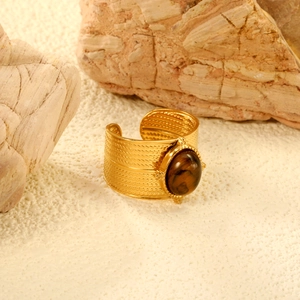 Bague rétro en acier inoxydable plaqué or 18 carats avec œil de tigre et texture tressée