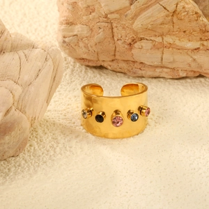 Bague large ouverte en acier inoxydable doré 18K avec cinq pierres précieuses colorées