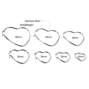 Polished stainless steel heart-shaped hoop earrings in various sizes from 20mm to 50mm