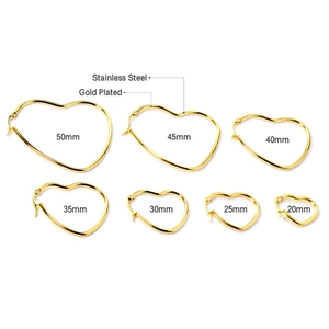 Various sizes of gold-plated stainless steel heart-shaped hoop earrings from 20mm to 50mm
