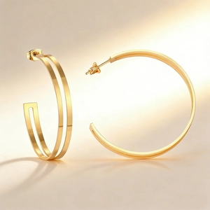 Minimalist double layer gold stainless steel hoop earrings in a modern geometric style