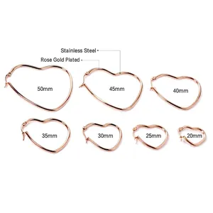 Size chart for heart-shaped stainless steel earrings in rose gold finish from 20mm to 50mm