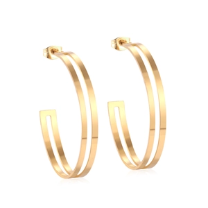 Minimalist double-layered golden C-shaped hoop earrings in polished stainless steel