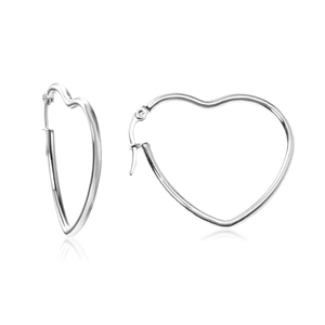 Polished heart-shaped stainless steel hoop earrings with silver finish on white background