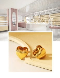 Detailed macro view of 18K gold plated heart earrings with vertical ribbed texture