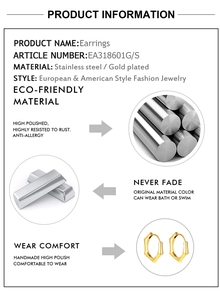 Infographie montrant des boucles d'oreilles géométriques en acier doré et matériaux