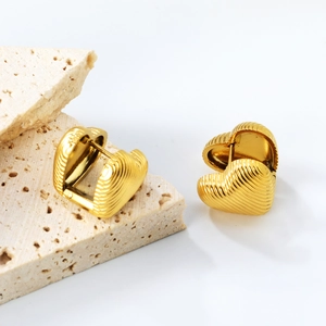 Elegant 18K gold plated heart hoop earrings with textured ribbed design for women