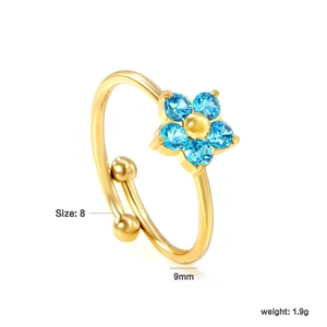 Detail of 18K gold plated flower ring with blue zircon inlay and size dimensions